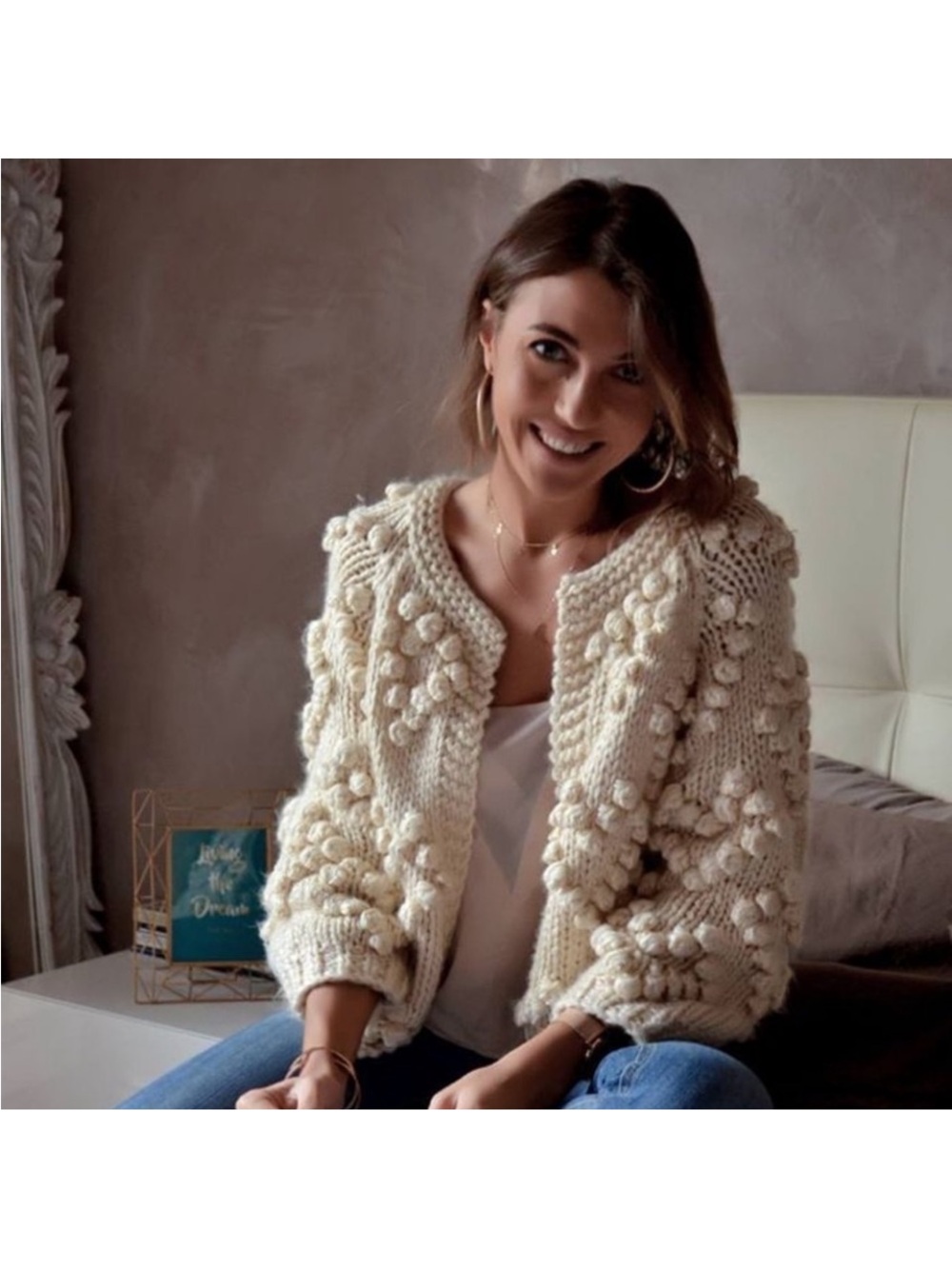Chicwish Knit Your Love Ivory Cream Bobble Knit Open-Front Cardigan Popcorn